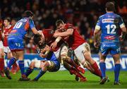 24 February 2017; Dave O'Callaghan of Munster, supported by team-mate Dave Foley, is tackled by Will Boyde and Dan Jones of Scarlets during the Guinness PRO12 Round 16 match between Munster and Scarlets at Thomond Park in Limerick. Photo by Diarmuid Greene/Sportsfile