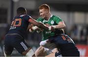 24 February 2017; Ciaran Frawley of Ireland is tackled by Cameron Woki, left and Pierre-Louis Barassi of France during the RBS U20 Six Nations Rugby Championship match between Ireland and France at Donnybrook Stadium, in Donnybrook, Dublin. Photo by Brendan Moran/Sportsfile