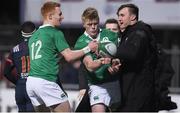 24 February 2017; Tommy O'Brien, centre, of Ireland celebrates with team-mates after scoring their side's second try during the RBS U20 Six Nations Rugby Championship match between Ireland and France at Donnybrook Stadium, in Donnybrook, Dublin. Photo by Brendan Moran/Sportsfile