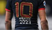 24 February 2017; A logo depicting France's bid for the 2023 Rugby World Cup on the jersey of Romain N'Tamack of France during the RBS U20 Six Nations Rugby Championship match between Ireland and France at Donnybrook Stadium, in Donnybrook, Dublin. Photo by Brendan Moran/Sportsfile