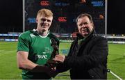 24 February 2017; Niall Dineen, Head of Commercial for Electric Ireland, proud sponsor of the U20’s Six Nations Home Games, presents Tommy O'Brien of Ireland with the Player of the Match award for his outstanding performance in the Electric Ireland U20s Six Nations Home Game, Ireland U20 v France U20 in Donnybrook Stadium. Electric Ireland believe in Smarter Living and for rugby fans these matches are the smarter choice to experience the Six Nations atmosphere while seeing at first hand the future stars of Irish rugby.    #FutureStars Photo by Brendan Moran/Sportsfile