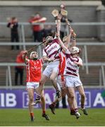 25 February 2017; Gerald Bradley of Slaughtneil climbs highest to win a high ball during the AIB GAA Hurling All-Ireland Senior Club Championship Semi-Final match between Cuala and Slaughtneil at the Athletic Grounds in Armagh. Photo by Eóin Noonan/Sportsfile