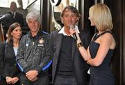 29 July 2011; MC Kirsteen O'Sullivan interviewing Manchester City manager Roberto Mancini at the Dublin Super Cup Launch Party. Cafe en Seine, Dawson St, Dublin. Picture credit: Brendan Moran / SPORTSFILE