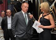 29 July 2011; Glasgow Celtic manager Neil Lennon being interviewed by MC Kitsteen O'Sullivan at the Dublin Super Cup Launch Party. Cafe en Seine, Dawson St, Dublin. Picture credit: Brendan Moran / SPORTSFILE