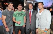 29 July 2011; Mark Russell, 3rd from left, of Aviva, with leinster rugby players, Rob Kearney, Fergus McFadden and Dave Kearney at the Dublin Super Cup Launch Party. Cafe en Seine, Dawson St, Dublin. Picture credit: Brendan Moran / SPORTSFILE