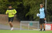 30 July 2011; New Manchester City signing Sergio Aguero with manager Roberto Mancini during squad training ahead of the Dublin Super Cup. University Training Grounds, UCD, Belfield, Dublin. Picture credit: Brendan Moran / SPORTSFILE