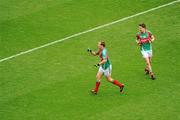 31 July 2011; Andy Moran, left, and Lee Keegan, Mayo, rush to join the celebrations at the end of the game. GAA Football All-Ireland Senior Championship Quarter-Final, Mayo v Cork, Croke Park, Dublin. Picture credit: Dáire Brennan / SPORTSFILE