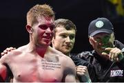 25 February 2017; Steve Collins Jnr and his father Former WBO World Super-Middleweight Champion Steve Collins, right, following his victory over Pablo Sosa in their bout in the National Stadium in Dublin. Photo by Ramsey Cardy/Sportsfile