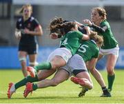 26 February 2017; Jessy Tremouliere of France is tackled by Kim Flood, left, and Mairead Coyne of Ireland during the RBS Women's Six Nations Rugby Championship match between Ireland and France at Donnybrook Stadium in Donnybrook, Dublin. Photo by Sam Barnes/Sportsfile