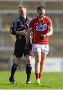 26 February 2017; Referee Anthony Nolan shares a joke with Paul Kerrigan of Cork after being accidentally hit by the ball during the Allianz Football League Division 2 Round 3 match between Cork and Fermanagh at Páirc Uí Rinn in Cork. Photo by Piaras Ó Mídheach/Sportsfile