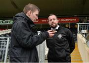 26 February 2017; Referee David Gough, right, being interviewed by Pauric Lodge, RTE at Healy Park before the Allianz Football League Division 1 Round 3 match between Tyrone and Cavan which was postponed  because of a waterlogged pitch at Healy Park in Omagh, Co. Tyrone. Photo by Oliver McVeigh/Sportsfile