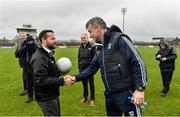 26 February 2017; A general view of match referee David Gough, left, and Mattie McGleenan Cavan manager on Healy Park before the Allianz Football League Division 1 Round 3 match between Tyrone and Cavan which was posponed  because of a waterlogged pitch at Healy Park in Omagh, Co. Tyrone. Photo by Oliver McVeigh/Sportsfile