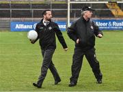 26 February 2017; A general view of match referee David Gough, left, and Tyrone GAA official Eugene McConnell inspect the pitch before the Allianz Football League Division 1 Round 3 match between Tyrone and Cavan which was posponed  because of a waterlogged pitch at Healy Park in Omagh, Co. Tyrone. Photo by Oliver McVeigh/Sportsfile
