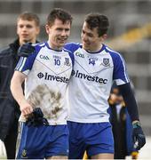 26 February 2017; Monaghan players Karl O’Connell, left, and Thomas Kerr celebrate after the Allianz Football League Division 1 Round 3 match between Kerry and Monaghan at Fitzgerald Stadium in Killarney, Co. Kerry. Photo by Brendan Moran/Sportsfile