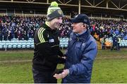 26 February 2017; Donegal manager Rory Gallagher and Dublin manager Jim Gavin shake hands following the Allianz Football League Division 1 Round 3 match between Donegal and Dublin at MacCumhaill Park in Ballybofey, Co. Donegal. Photo by Philip Fitzpatrick/Sportsfile