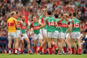 31 July 2011; The Mayo players cheer each other on before they gather for playing of the National Anthem. GAA Football All-Ireland Senior Championship Quarter-Final, Mayo v Cork, Croke Park, Dublin. Picture credit: Ray McManus / SPORTSFILE