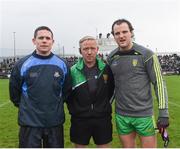 26 February 2017; Dublin captain Stephen Cluxton and Donegal captain Michael Murphy with referee Ciaran Branagan ahead of the Allianz Football League Division 1 Round 3 match between Donegal and Dublin at MacCumhaill Park in Ballybofey, Co. Donegal. Photo by Philip Fitzpatrick/Sportsfile