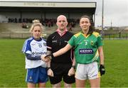 26 February 2017; Monaghan captain Ciara McAnespie and Kerry captain Caroline Kelly exchange a handshake in the company of referee Jason Mullins before the Lidl Ladies Football National League Round 4 match between Kerry and Monaghan at Frank Sheehy Park in Listowel Co. Kerry. Photo by Diarmuid Greene/Sportsfile