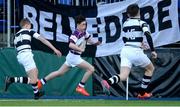 27 February 2017; George Fitzpatrick of Clongowes Wood College takes on Euan Farquharson, left, and Simon Murphy of Belvedere College during the Bank of Ireland Leinster Schools Junior Cup second round match between Belvedere College and Clongowes Wood College at Donnybrook Stadium in Donnybrook, Dublin. Photo by Piaras Ó Mídheach/Sportsfile