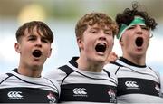 27 February 2017; Belvedere College players, from left, James MacNeice, Donnchadh McCarthy and Jonathan Ross sing with team-mates after the Bank of Ireland Leinster Schools Junior Cup second round match between Belvedere College and Clongowes Wood College at Donnybrook Stadium in Donnybrook, Dublin. Photo by Piaras Ó Mídheach/Sportsfile