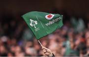 25 February 2017; A supporter waves an IRFU flag during the RBS Six Nations Rugby Championship game between Ireland and France at the Aviva Stadium in Lansdowne Road, Dublin. Photo by Brendan Moran/Sportsfile
