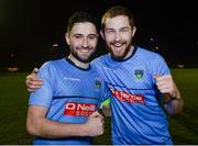 28 February 2017; Samir Belhout, left, and Josh Dineen of UCD celebrate at the final whistle following the CUFL Final match between UCD and UCC at Home Farm in Dublin. Photo by Eóin Noonan/Sportsfile