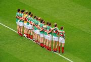 31 July 2011; The Mayo team stand together for the National Anthem. GAA Football All-Ireland Senior Championship Quarter-Final, Mayo v Cork, Croke Park, Dublin. Picture credit: Dáire Brennan / SPORTSFILE