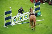 3 August 2011; Nicola Philippaerts, from Belgium, finds himself on the wrong side of the fence after his horse Walestro Van Het Bloemenhof refused to jump the third last during the Fáilte Stakes. Dublin Horse Show 2011, RDS, Ballsbridge, Dublin. Picture credit: Matt Browne / SPORTSFILE