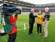 30 July 2011; Adrian Eames interviews John Crofton, the former Kildare manager and player, and Shauna Brady, Kilcar, Donegal. GAA Football All-Ireland Senior Championship Quarter-Final, Donegal v Kildare, Croke Park, Dublin. Picture credit: Ray McManus / SPORTSFILE