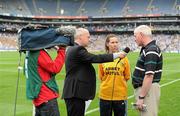 30 July 2011; Adrian Eames interviews Shauna Brady, Kilcar, Donegal, and John Crofton, the former Kildare manager and player. GAA Football All-Ireland Senior Championship Quarter-Final, Donegal v Kildare, Croke Park, Dublin. Picture credit: Ray McManus / SPORTSFILE