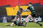 1 March 2017; Jonathan Wren of Presentation College Cork is tackled by Jan Donnelly, 11, and Victor Lovell, 14, of Bandon Grammar during the Clayton Hotels Munster Schools Senior Cup Semi-Final match between Presentation College Cork and Bandon Grammar at Irish Independent Park in Cork. Photo by Eóin Noonan/Sportsfile