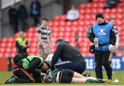 1 March 2017; Eathan Greene of Bandon Grammar is attended too by medical staff after sustaining a head injury during the Clayton Hotels Munster Schools Senior Cup Semi-Final match between Presentation College Cork and Bandon Grammar at Irish Independent Park in Cork. Photo by Eóin Noonan/Sportsfile