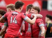 2 March 2017; Luke Fitzgerald of Glenstal Abbey, right, celebrates with team-mates after scoring his side's third try during the Clayton Hotels Munster Schools Senior Cup Semi-Final between Ardscoil Rís and Glenstal Abbey at Thomond Park in Limerick. Photo by Diarmuid Greene/Sportsfile