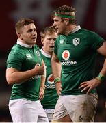 25 February 2017; Ireland's Paddy Jackson, left, in conversation with Jamie Heaslip during the RBS Six Nations Rugby Championship game between Ireland and France at the Aviva Stadium in Lansdowne Road, Dublin. Photo by Ramsey Cardy/Sportsfile