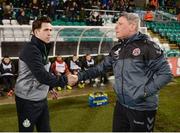 3 March 2017; Shamrock Rovers manager Stephen Bradley, left, and Bohemians manager Keith Long shake hands prior to the SSE Airtricity League Premier Division match between Shamrock Rovers and Bohemians at Tallaght Stadium in Dublin. Photo by Seb Daly/Sportsfile