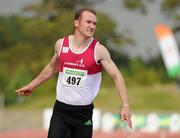6 August 2011; Paul Hession, from Athenry AC, crosses the finish line in a time of 20.51 seconds to win the Men's 200m final and achieve an A Standard qualification for the World Championships and the A Standard Qualification for the Olympic Games in London 2012 at the Woodie's DIY AAI Senior Track & Field Championships. Morton Stadium, Santry, Co. Dublin. Picture credit: Pat Murphy / SPORTSFILE