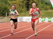 6 August 2011; Amy Foster, from City of Lisburn AC, crosses the finish line to win the Women's 200m Final ahead of Niamh Whelan, Ferrybank AC, left, at the Woodie's DIY AAI Senior Track & Field Championships. Morton Stadium, Santry, Co. Dublin. Picture credit: Pat Murphy / SPORTSFILE