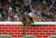 6 August 2011; Alex Duffy, Ireland, competing on Mountain King, fails to clear the &quot;Wall&quot; in the jump off during the Land Rover Puissance. Dublin Horse Show 2011. RDS, Ballsbridge, Dublin. Picture credit: Barry Cregg / SPORTSFILE