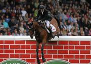 6 August 2011; Greg Broderick, Ireland, competing on Corofelio, fails to clear the &quot;Wall&quot; in the jump off during the Land Rover Puissance. Dublin Horse Show 2011. RDS, Ballsbridge, Dublin. Picture credit: Barry Cregg / SPORTSFILE