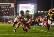 3 March 2017; Charles Piutau of Ulster dives over to score his side's third try despite the tackle of Andrea Pratichetti of Benetton Treviso during the Guinness PRO12 Round 17 match between Ulster and Benetton Treviso at the Kingspan Stadium in Belfast. Photo by Ramsey Cardy/Sportsfile