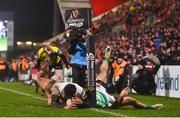 3 March 2017; Charles Piutau of Ulster dives over to score his side's third try despite the tackle of Andrea Pratichetti of Benetton Treviso during the Guinness PRO12 Round 17 match between Ulster and Benetton Treviso at the Kingspan Stadium in Belfast. Photo by Ramsey Cardy/Sportsfile