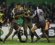 3 March 2017; John Muldoon of Connacht is tackled by Gideon Koegelenberg, left, and Serafin Bordoli of Zebre during the Guinness PRO12 Round 17 match between Connacht and Zebre at the Sportsground in Galway. Photo by Matt Browne/Sportsfile
