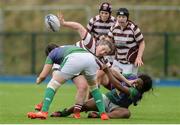 4 March 2017; Margaret Kelly of Tullow is tackled by Hannah O'Connor, left, and Promise Chapwanya, right, of CYM during the Leinster Women’s League Division 2 Playoffs match between Tullow and CYM at Donnybrook Stadium in Donnybrook, Dublin. Photo by Eóin Noonan/Sportsfile