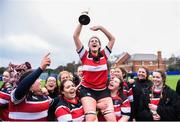 4 March 2017; Wicklow captain Rachel Griffey celebrates with the trophy following her side's victory after the Leinster Women’s Day Division 3 Playoffs match between Wicklow and Garda/Westmanstown at St. Michael's College in Ailesbury Road, Dublin. Photo by David Fitzgerald/Sportsfile