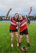 4 March 2017; Wicklow captain Rachel Griffey, left, and team mate Karen Douglas celebrate with the trophy following their side's victory after the Leinster Women’s Day Division 3 Playoffs match between Wicklow and Garda/Westmanstown at St. Michael's College in Ailesbury Road, Dublin. Photo by David Fitzgerald/Sportsfile