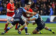 4 March 2017; Francis Saili of Munster is tackled by Josh Navidi, left, and Nick Williams of Cardiff Blues during the Guinness PRO12 Round 17 match between Cardiff Blues and Munster at the BT Sport Arms Park in Cardiff, Wales. Photo by Darren Griffiths/Sportsfile