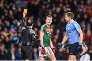 4 March 2017; Diarmuid O'Connor of Mayo is shown a yellow card by referee David Coldrick during the Allianz Football League Division 1 Round 4 match between Dublin and Mayo at Croke Park in Dublin. Photo by David Fitzgerald/Sportsfile