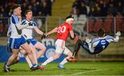 4 March 2017; Matthew Donnelly of Tyrone shoots for goal despite the attempted save of Rory Beggan of Monaghan only to see his shot come off the post  during the Allianz Football League Division 1 Round 4 match between Tyrone and Monaghan at Healy Park in Omagh, Co Tyrone. Photo by Oliver McVeigh/Sportsfile