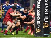 4 March 2017; Rhys Ruddock of Leinster on his way to scoring his side's third try despite the tackle of of James Davies of Scarlets during the Guinness PRO12 Round 17 match between Leinster and Scarlets at the RDS Arena in Ballsbridge, Dublin. Photo by Stephen McCarthy/Sportsfile