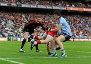6 August 2011; Conor Gormley, Tyrone, with support from goalkeeper Pascal McConnell, in action against Diarmuid Connolly, Dublin. GAA Football All-Ireland Senior Championship Quarter-Final, Dublin v Tyrone, Croke Park, Dublin. Picture credit: Stephen McCarthy / SPORTSFILE